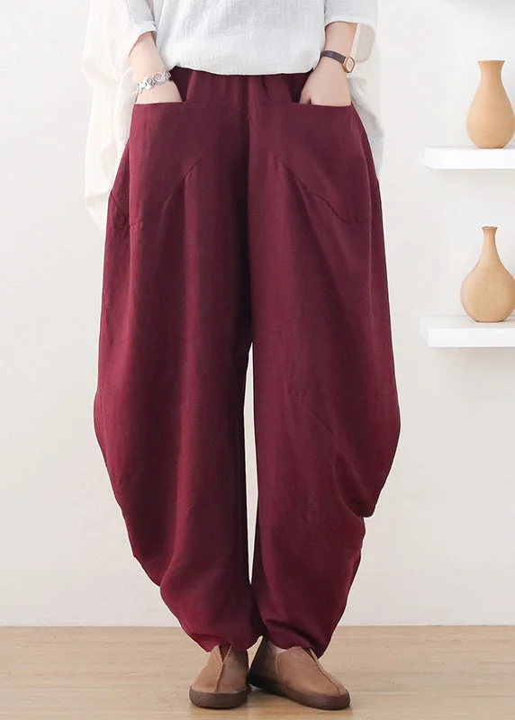 Year-End Sale Plus Size Wine Red Pockets Wide Leg Pants Fall