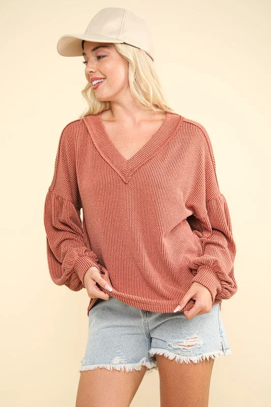 Weekend Savings Delight Lainey Two Tone Otto Ribbed V-Neck Oversized Knit Top