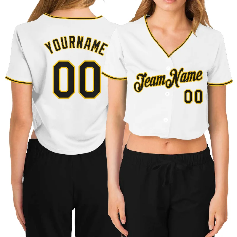 Act Now Custom Women's White Black-Gold V-Neck Cropped Baseball Jersey
