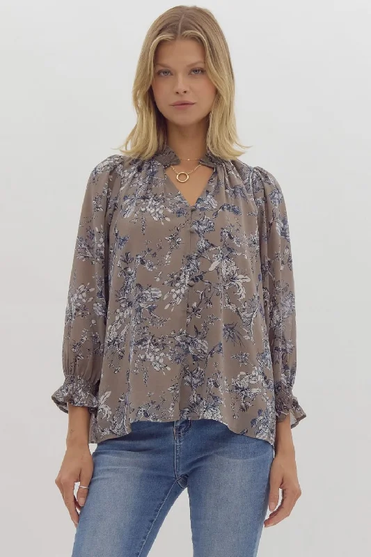 Massive Deals Entro Mocha Grey Floral Top