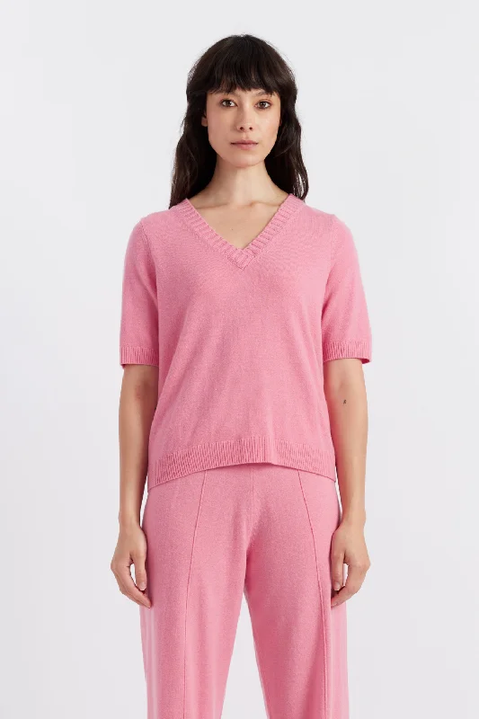 Low Cost Pink Wool-Cashmere V-Neck T-shirt