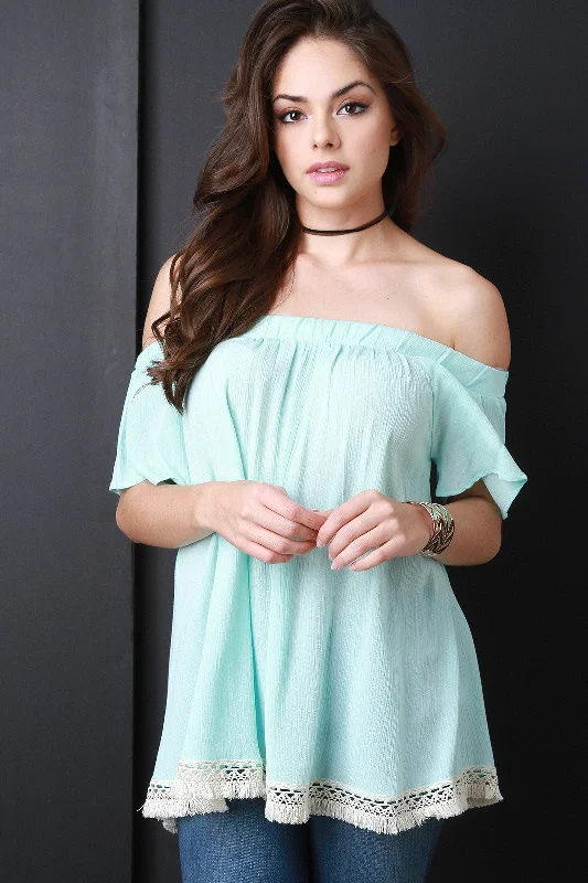 Weekend Specials Just for You Bardot Fringe Trim Top