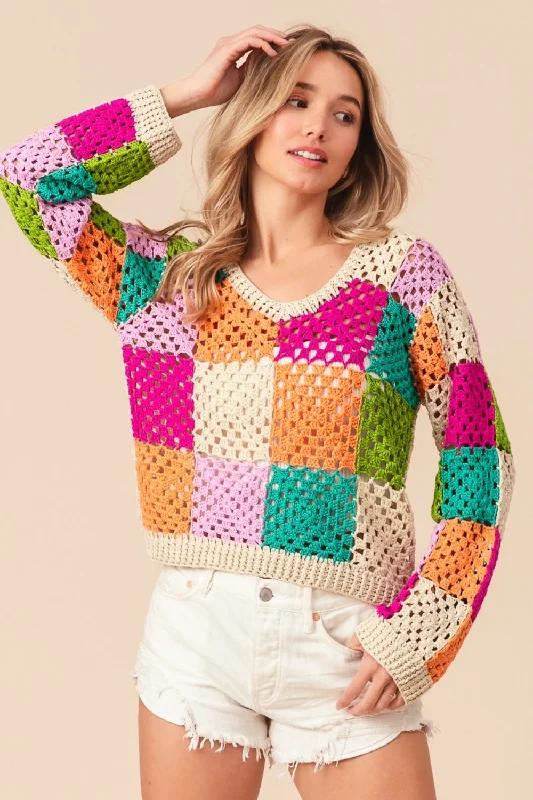 Deep Discounts BiBi Multi Color Checkered Long Sleeve Knit Top