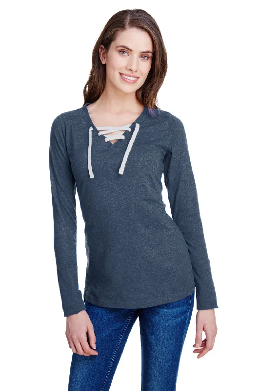 Special Discount LAT Womens Fine Jersey Lace Up Long Sleeve V-Neck T-Shirt - Vintage Navy Blue