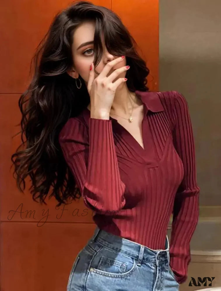 Shop and Save Christmas Sweater - Slim Knitting Polo Collar Long Sleeve Soft Warm Knitwear