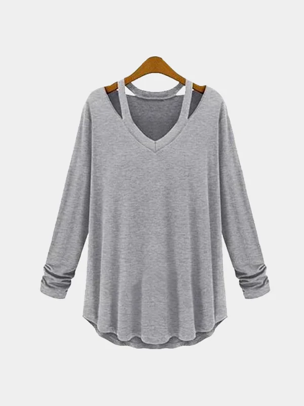 Super Deal Custom V-Neck Plain Cut Out Long Sleeve Curved Hem T-Shirts