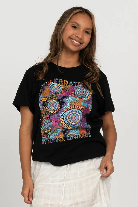 Now or Never Celebration (Full Print) Black Cotton Crew Neck Women’s T-Shirt