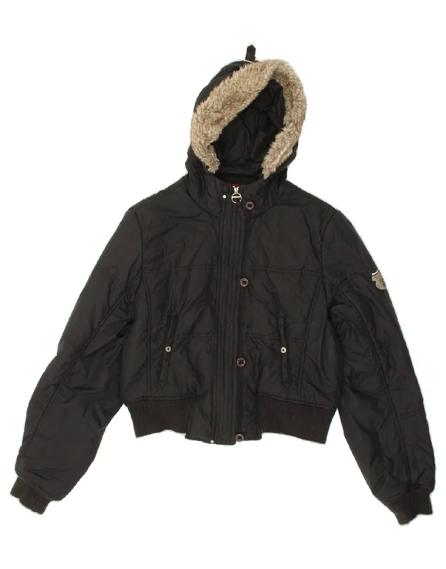 Great Bargain CHAMPION Womens Hooded Bomber Padded Jacket UK 14 Large Black Polyester