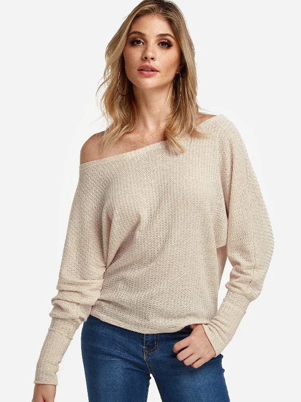 Weekend Shopping Bliss Custom Asymmetrical One Shoulder Plain Long Sleeve Beige T-Shirts