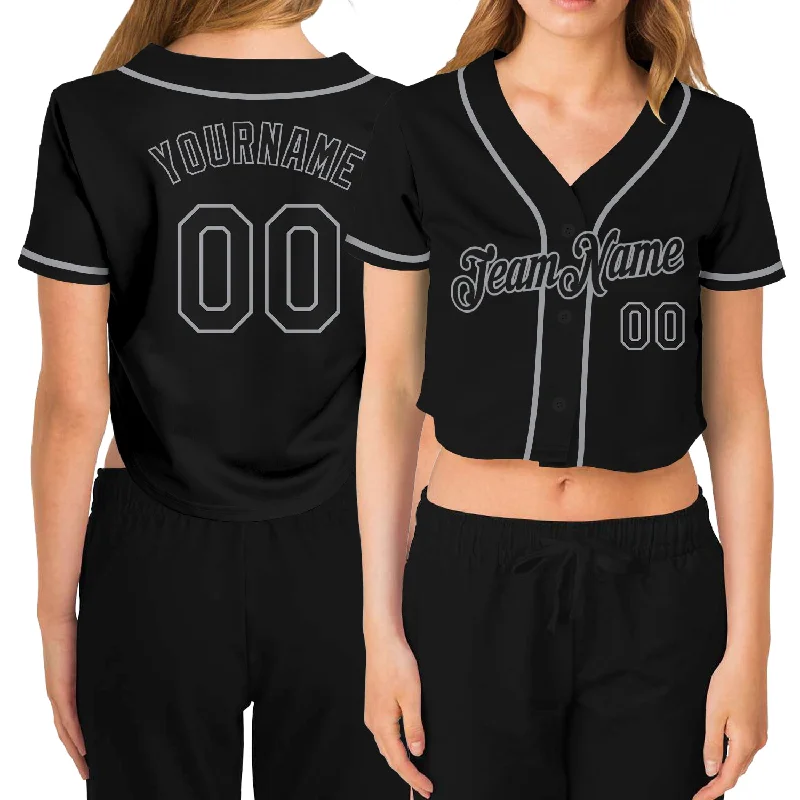Weekend Bargains Just for You Custom Women's Black Black-Gray V-Neck Cropped Baseball Jersey