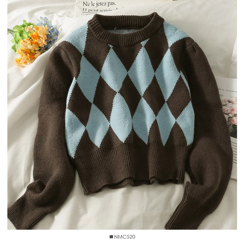 Big Discounts Vintage color blocking diamond check crew neck short Pullover Sweater  1878