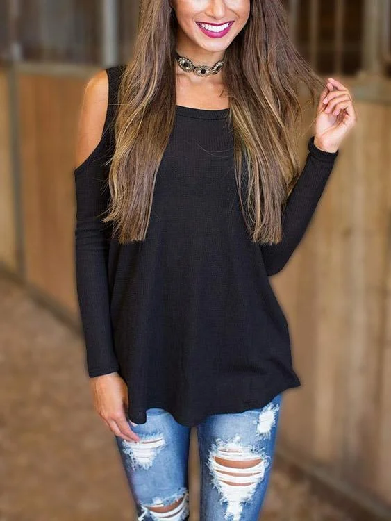 Can't Resist Custom Cold Shoulder Plain Long Sleeve Irregular Hem Black Top