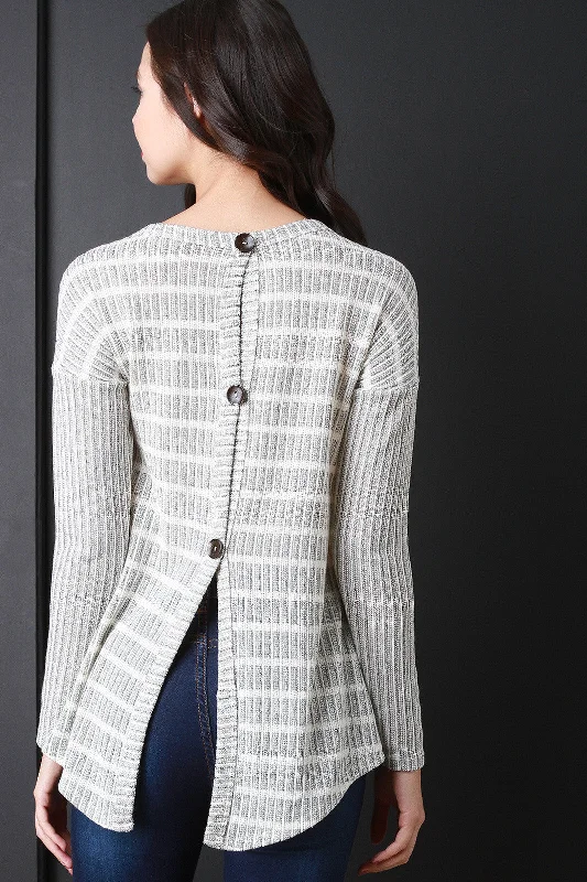 New Arrival Back Button-Up Striped Long Sleeves Sweater Top