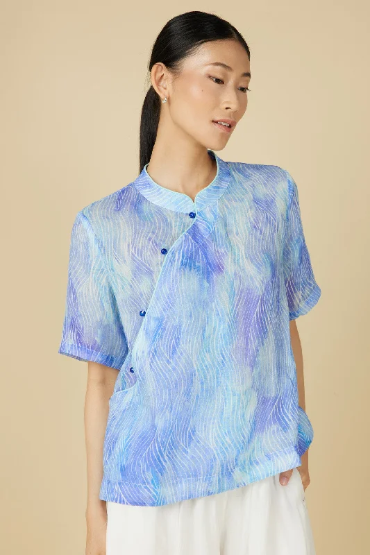 Massive Deal Short Sleeve Cheongsam Top - Abstract Waves