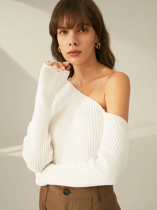 Special Discount One Shoulder Long Trendy Sleeve Ribbed Pullover Sweater