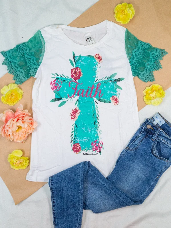 Savings Event Turquoise Faith Cross on White Short Lace Sleeve