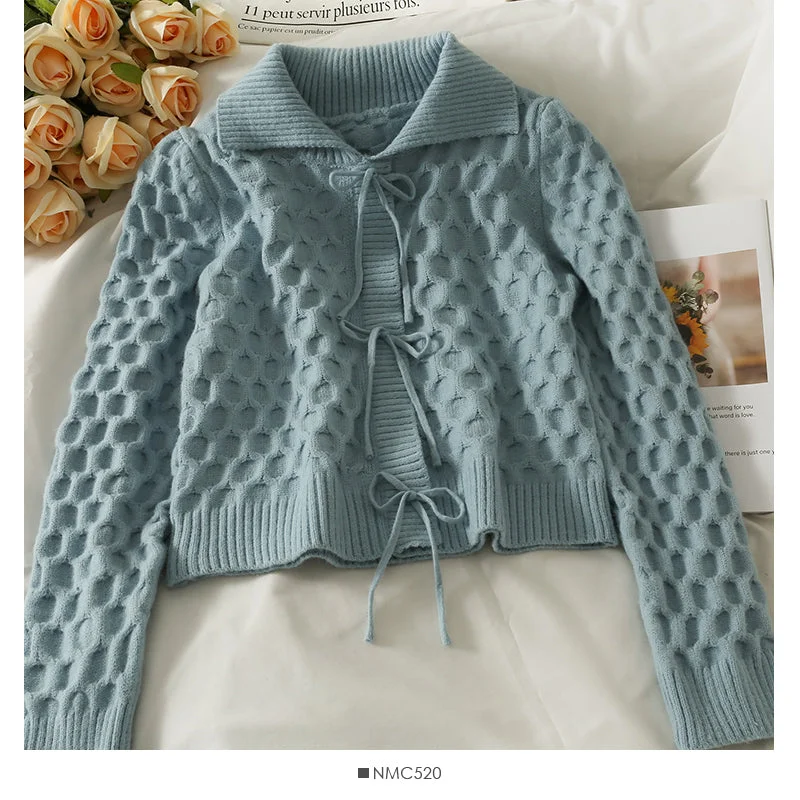 Special Promotion Korean bow tie tie short slim long sleeve sweater women  1888