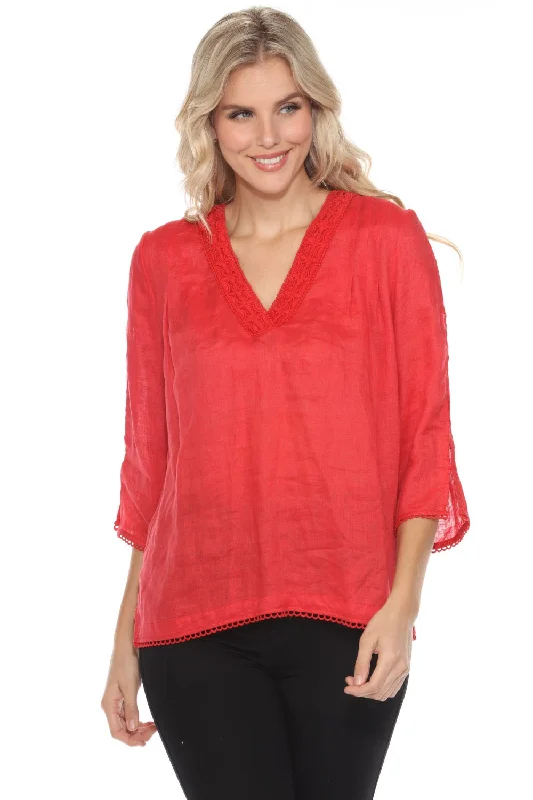 Epic Deals Johnny Was Calme Red Split V-Neck Top O21050