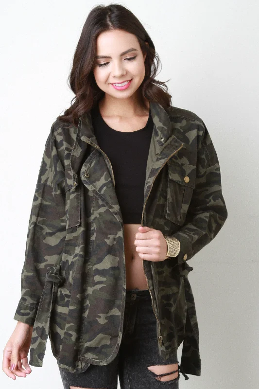 Today’s Deal Camouflage Snap Button Belted Jacket