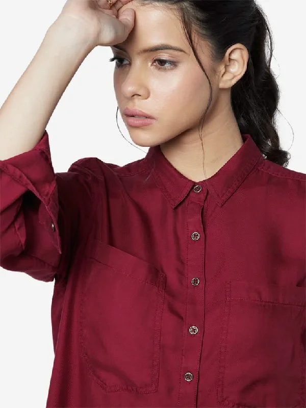 Can't Be Beat LOV Burgundy High-Low Chambray Casual Shirt