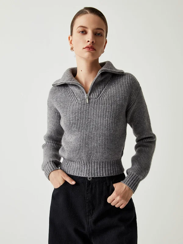 Price Cut Open Collar Graceful Zippered Sweater