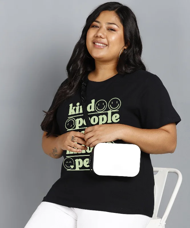 Lowest Price Womens Regular fit Plus Size Printed T-shirt (Black)
