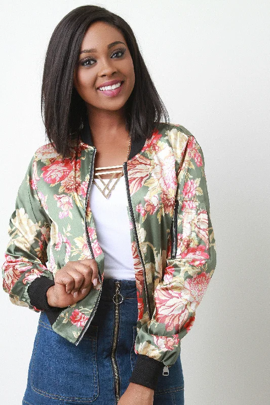 Don’t Miss Out Charmeuse Floral Zip Accent Bomber Jacket