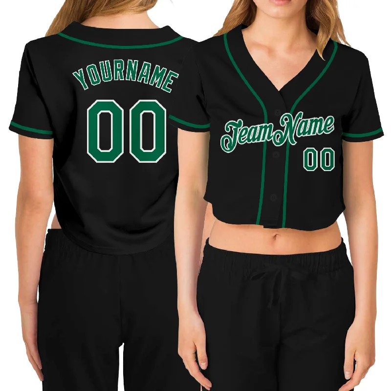 Massive Deals Custom Women's Black Kelly Green-White V-Neck Cropped Baseball Jersey