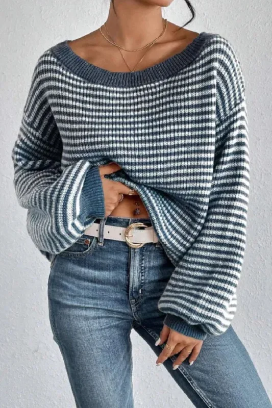 Super Bargain Striped Boat Neck Long Sleeve Sweater