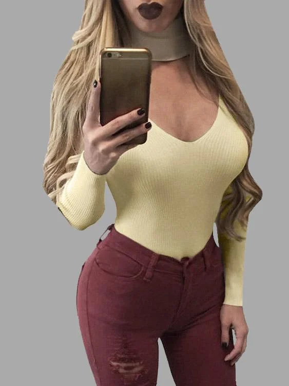 Weekend Discounts to Delight Custom High Neck Long Sleeve Bodycon Hem Beige T-Shirts