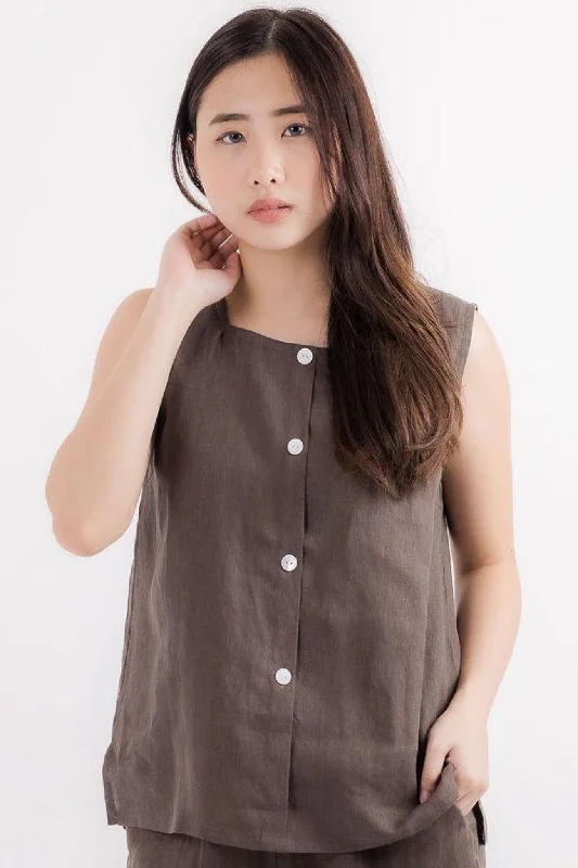 Unwind with Weekend Discounts Linen Sleeveless Top in Coffee Brown