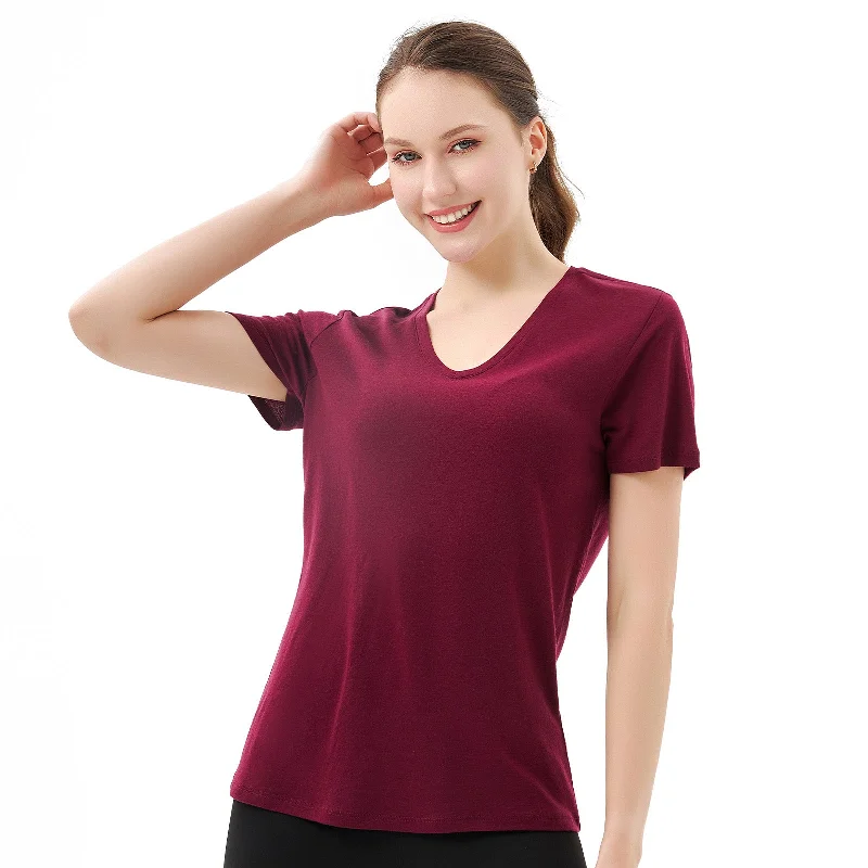 Weekend Bargains to Celebrate Women’s Merino 170g V-Neck  Short Sleeve T-Shirt  Dark Red