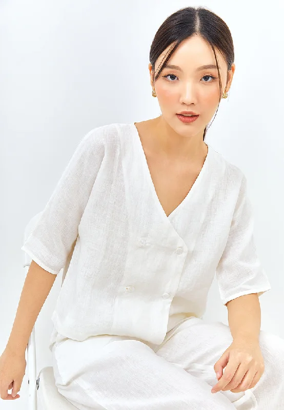 Time-Sensitive V-neck Button Linen Jacket in White