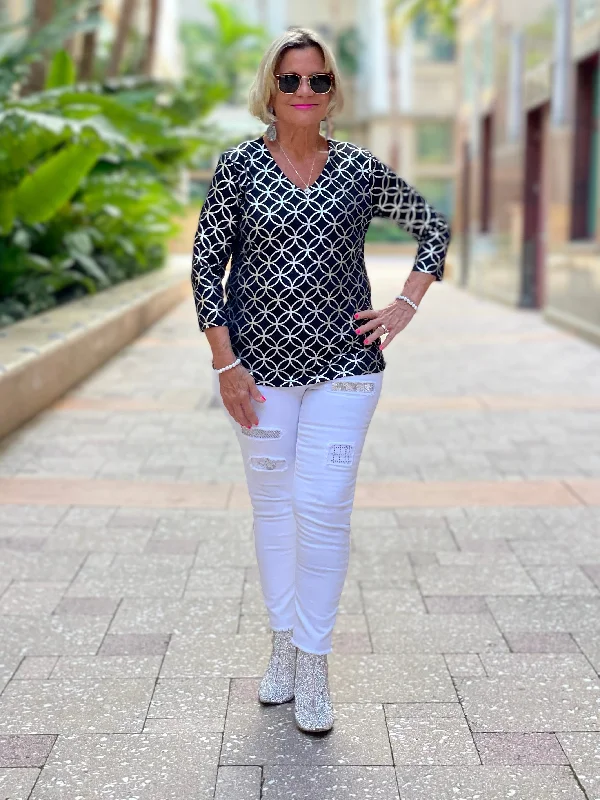 Epic Value LULU-B BLACK LEME SILVER V -NECK TOP