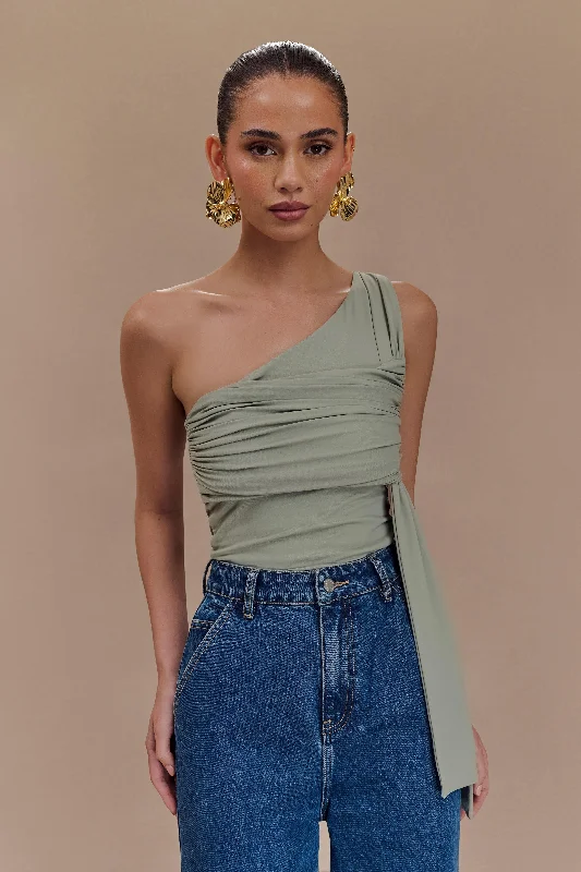 Top Pick Sera One Shoulder Recycled Nylon Top With Drape - Basil