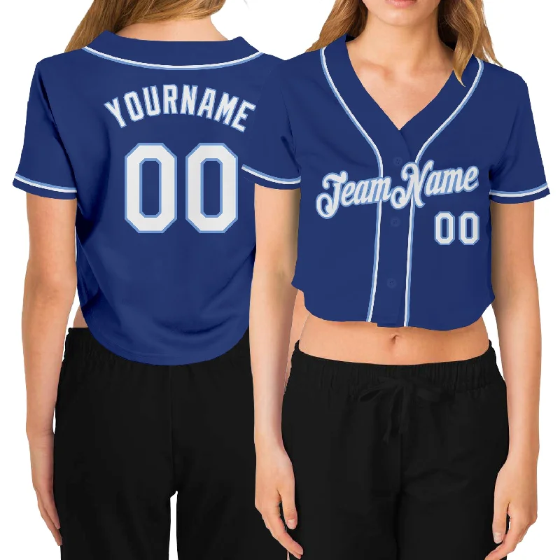 Weekend-Only Price Drops Custom Women's Royal White-Light Blue V-Neck Cropped Baseball Jersey