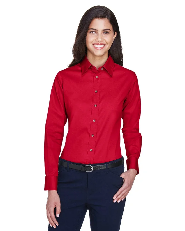 Harriton Ladies Long Sleeve Stain-Release Twill Shirt | Red