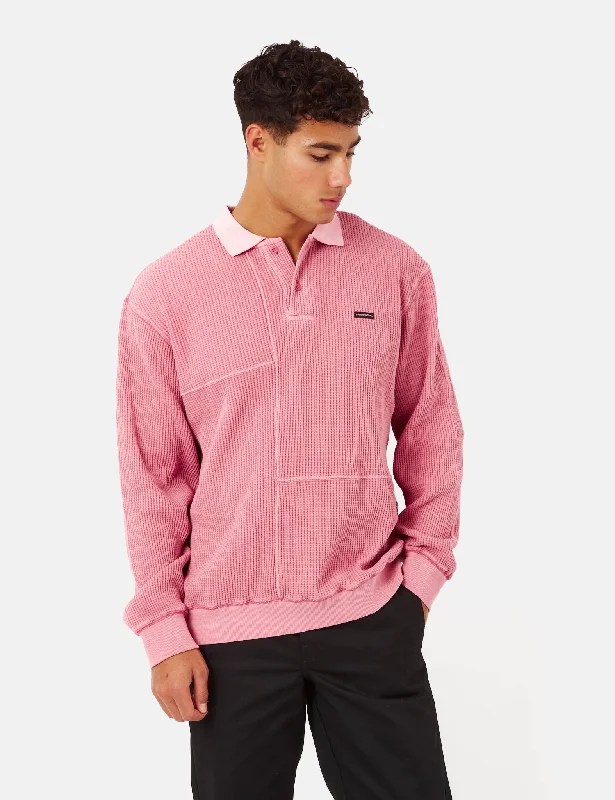 Thisisneverthat Waffle Long Sleeve Polo Shirt - Pink