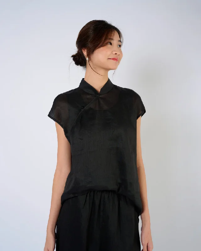 Weekend Bargains to Grab Cap Sleeve Ramie Cheongsam Top in Black