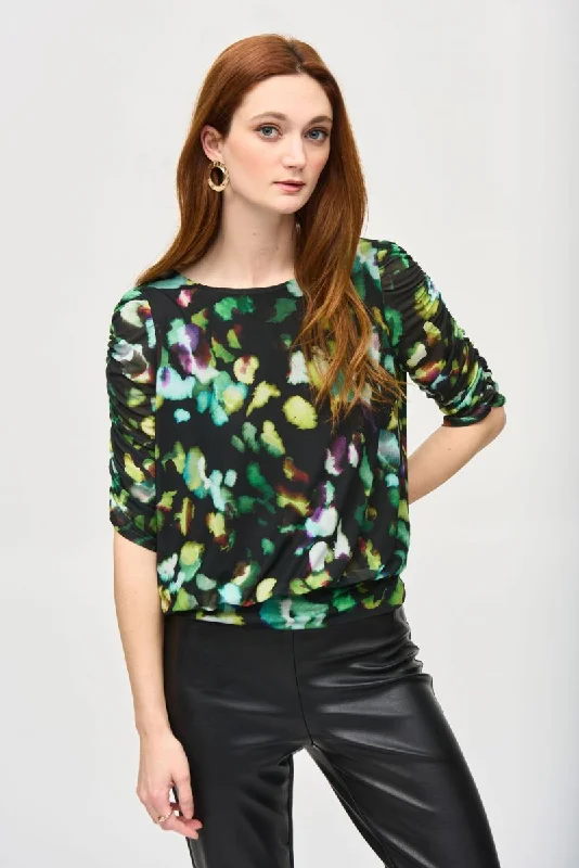 Weekend Specials You Can't Miss Joseph Ribkoff Black/Multi Abstract Print Mesh Ruched 3/4 Sleeve Top 243193