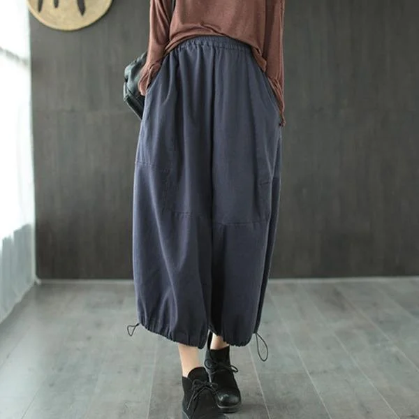 Pay Less Loose Leisure Pockets Elastic Waist Ankle-length Wide Leg Pants