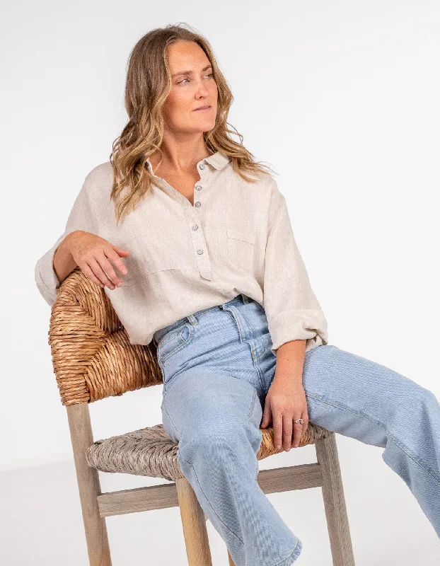 Savings Soar This Weekend Ollie Long Sleeve Half Button Shirt in Beige Linen