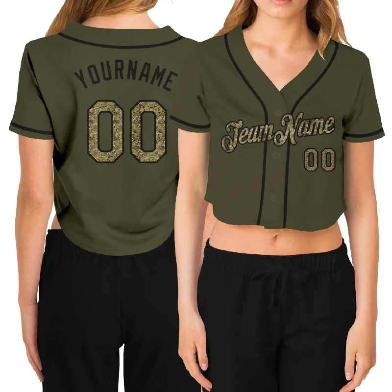 Weekend Bargains to Grab Custom Women's Olive Camo-Black Salute To Service V-Neck Cropped Baseball Jersey