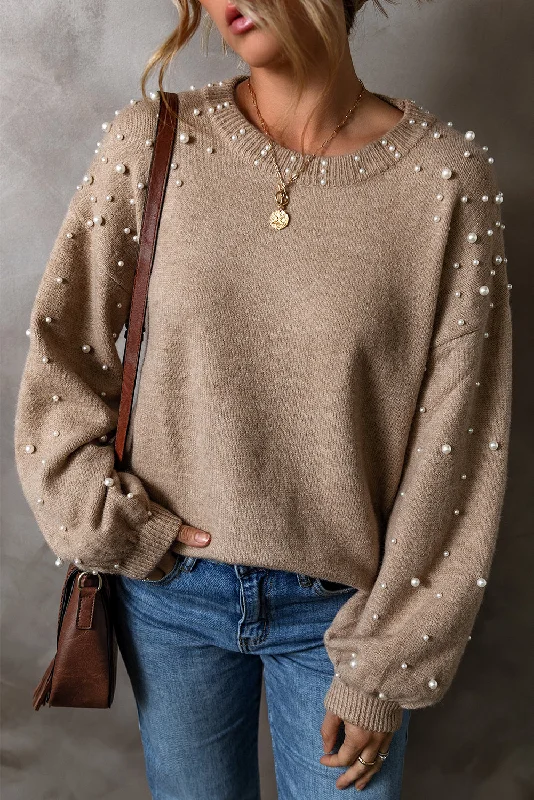Price Reduction Pearled Drop Shoulder Round Neck Sweater