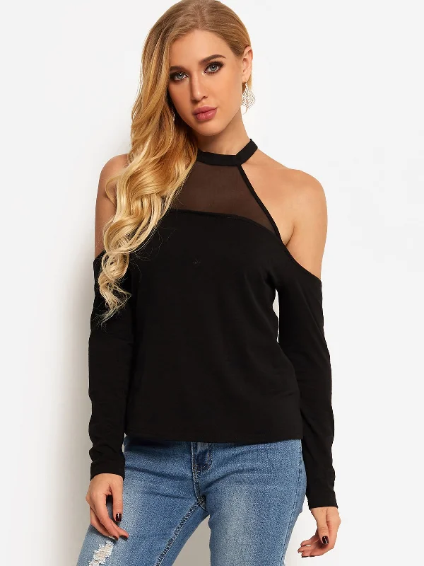 Weekend Offers That Amaze Custom Cold Shoulder Plain Long Sleeve Black Top