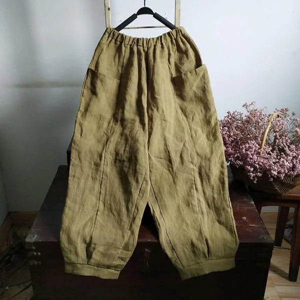 Midnight Sale Loose Linen Solid Color Elastic Waist Pants Ladies Flax Vintage Trousers