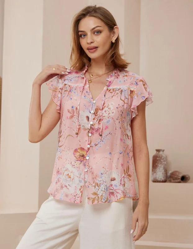 Mega Sale Tilda Flutter Sleeve V Neck Top in Pink Floral
