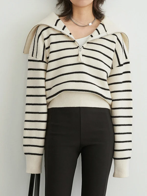 Unmissable Offer Half Zip Stripe Trendy Open Collar Sweater