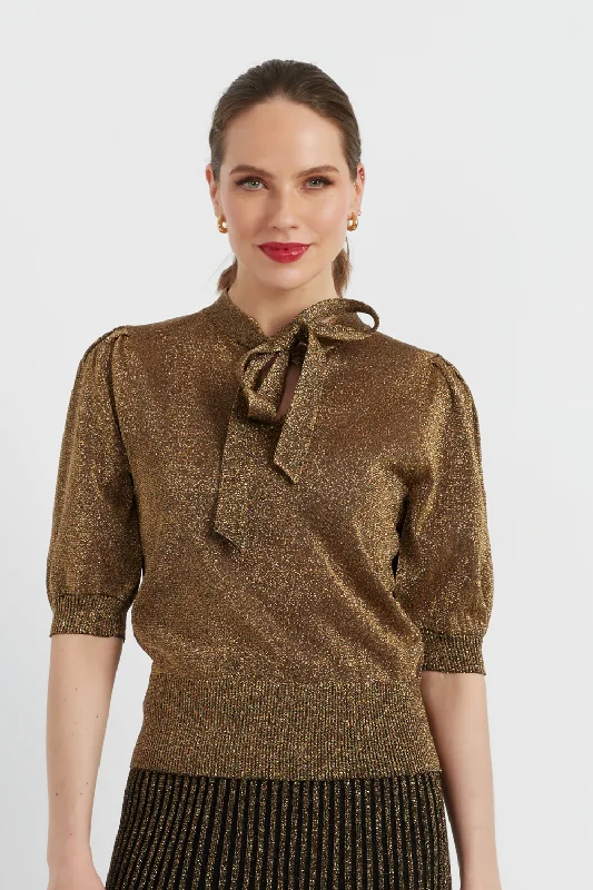 Weekend Discounts to Indulge In Gold Lurex Pussy-Bow Top