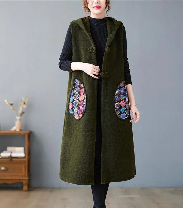 Time-Limited Offer Army Green Warmth Mid-Length Hooded Woolen Vest Sleeveless Jacket